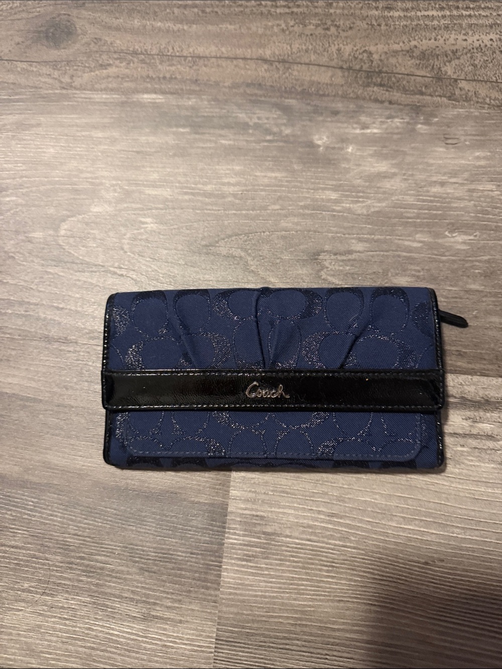Coach Navy Signature Tote with Black Leather Trim and Buckle - Picture 3 of 4